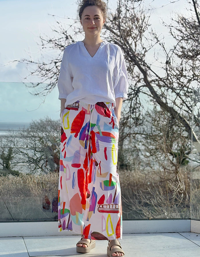 wide leg cotton trousers with drawstring elasticated waist with sailboat print