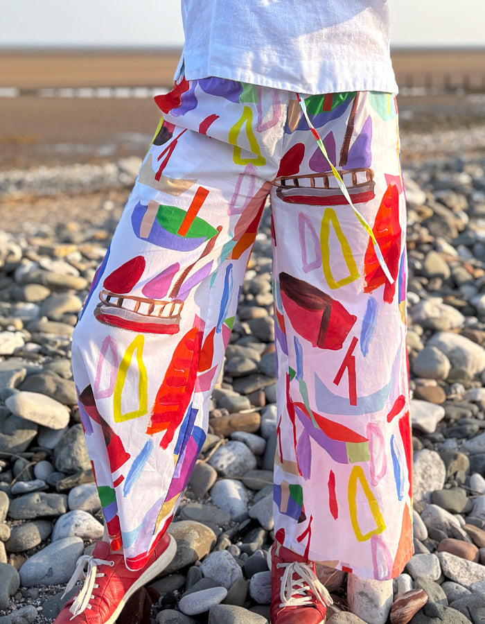 wide leg cotton trousers with drawstring elasticated waist with sailboat print