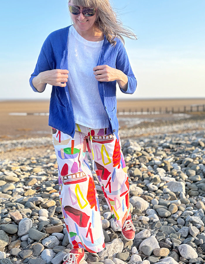 wide leg cotton trousers with drawstring elasticated waist with sailboat print