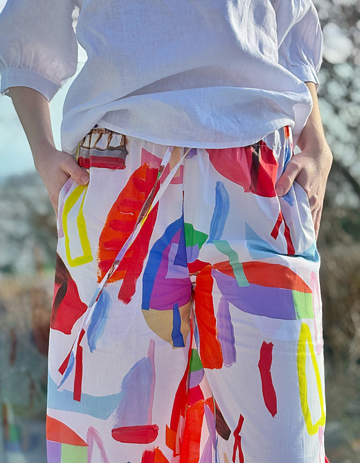 wide leg cotton trousers with drawstring elasticated waist with sailboat print