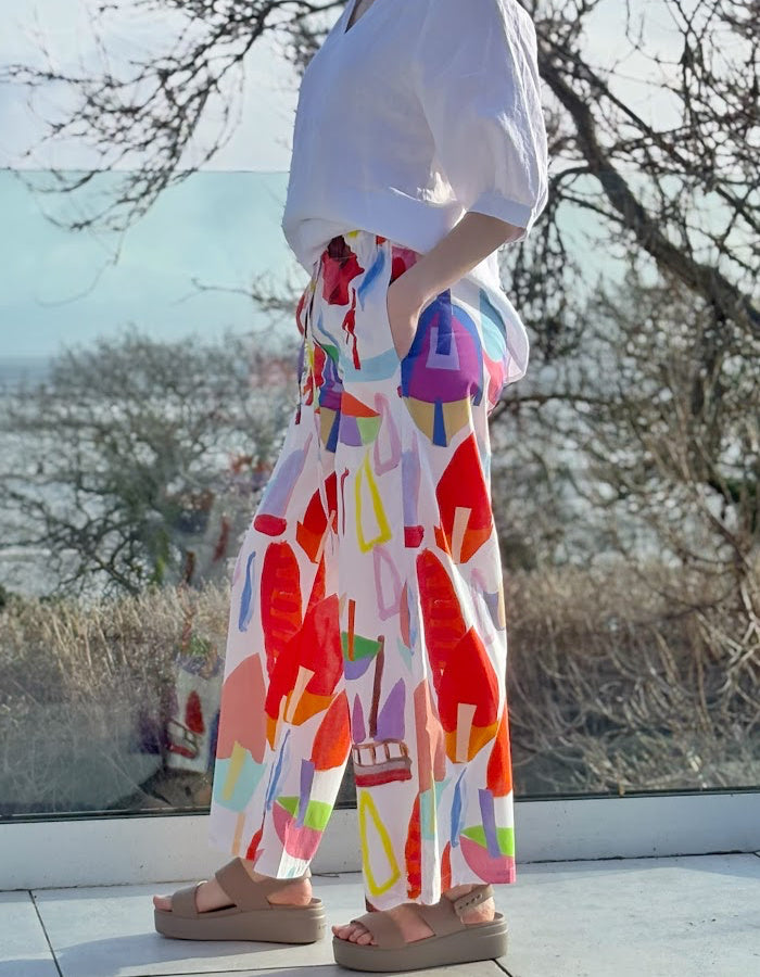 wide leg cotton trousers with drawstring elasticated waist with sailboat print