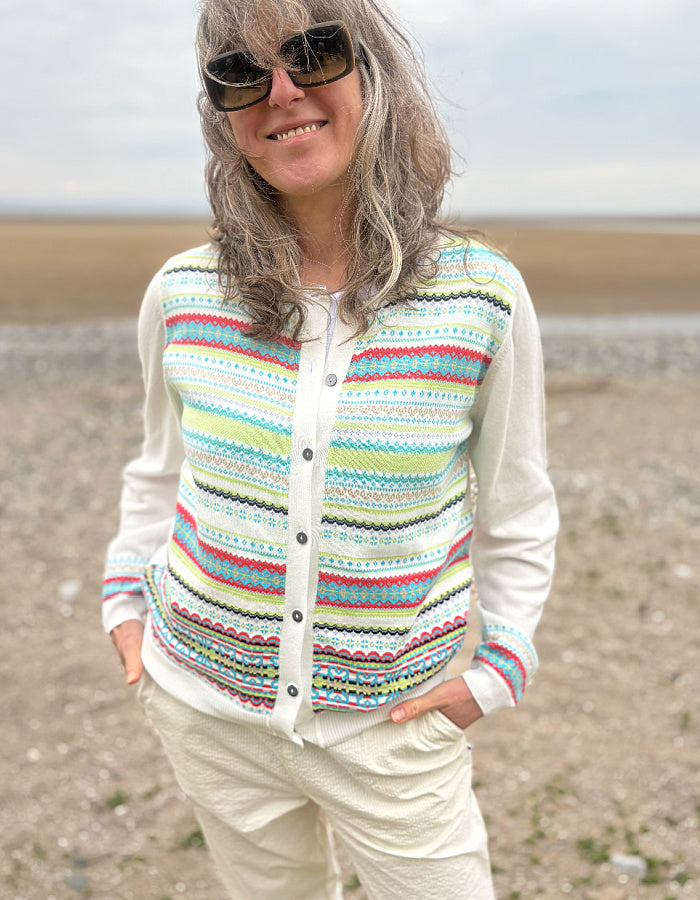 white summer cotton cardigan with fair isle design on the front in pastel bright shades
