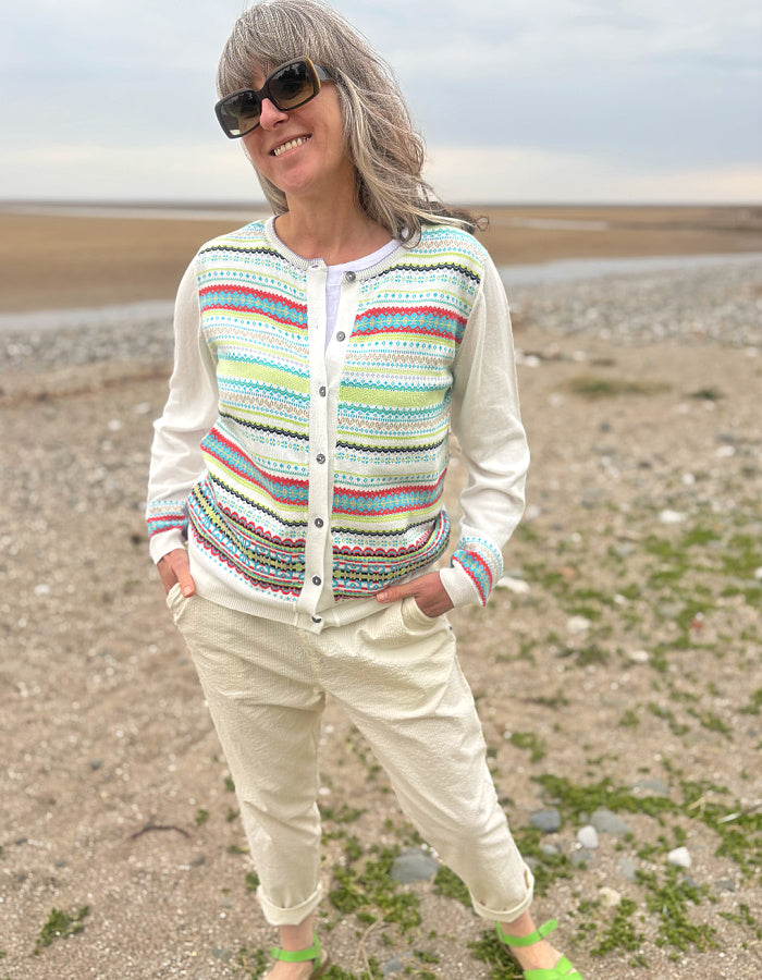 white summer cotton cardigan with fair isle design on the front in pastel bright shades