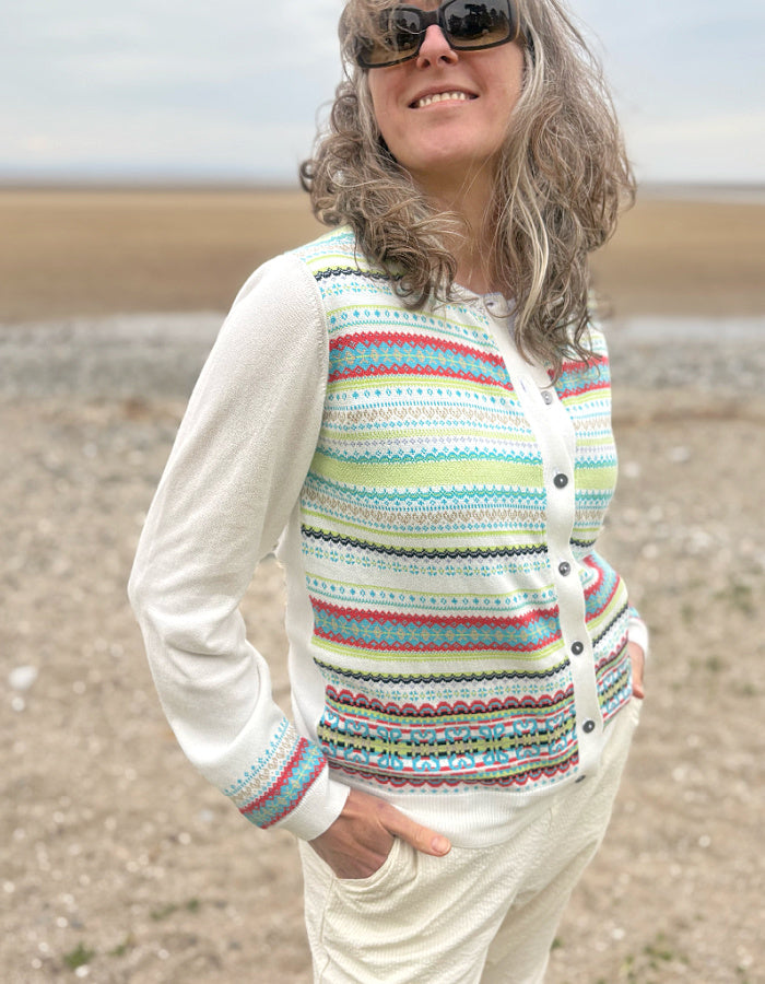 white summer cotton cardigan with fair isle design on the front in pastel bright shades