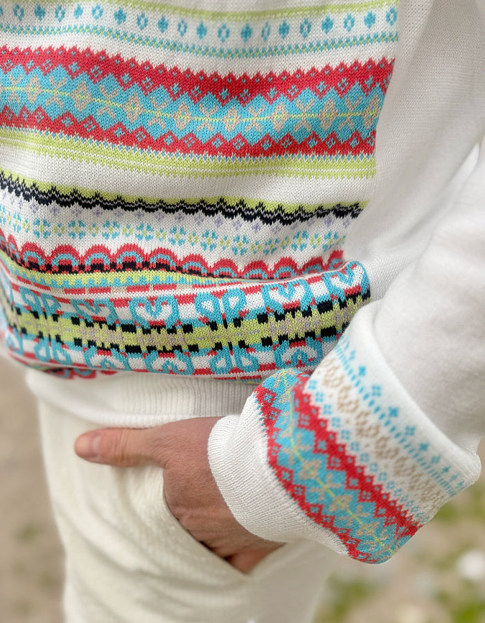 white summer cotton cardigan with fair isle design on the front in pastel bright shades