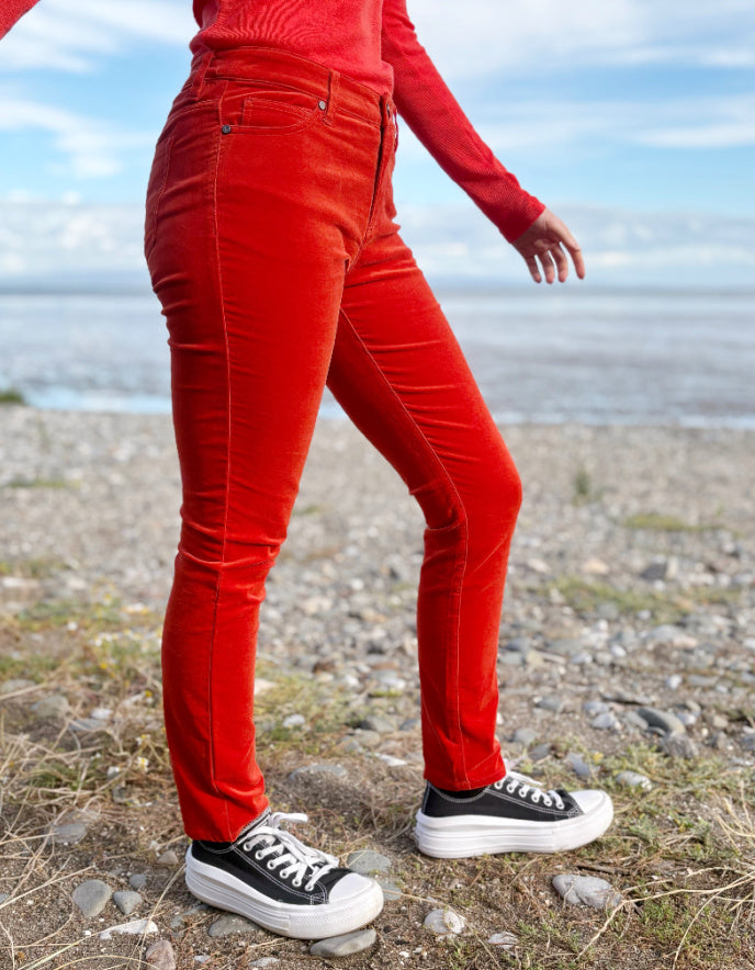 orange velvet slim fit jeans