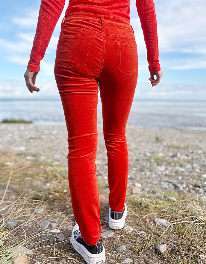 orange velvet slim fit jeans