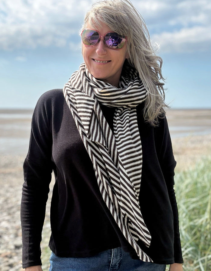 Neirami 3 Way Scarf in Balck and white Mini Stripes