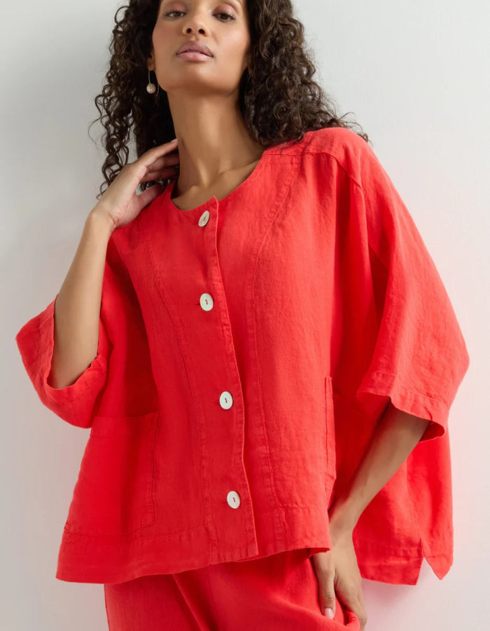 coral red linen oversized Jacket with scoop neckline and front patch pockets
