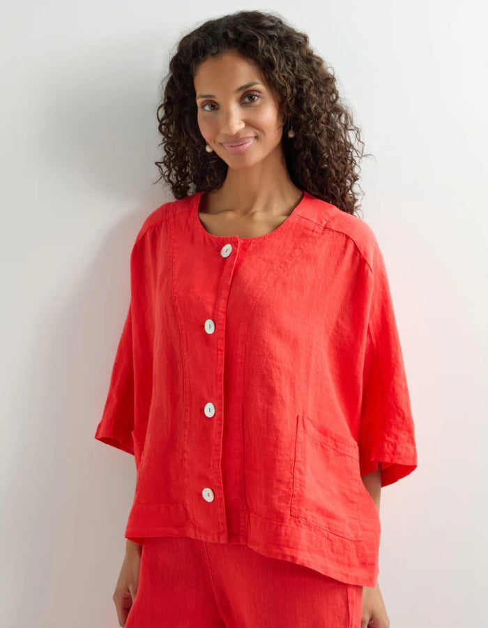 coral red linen oversized Jacket with scoop neckline and front patch pockets