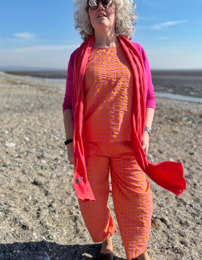 pink and orange cotton seersucker sleeveless sun top