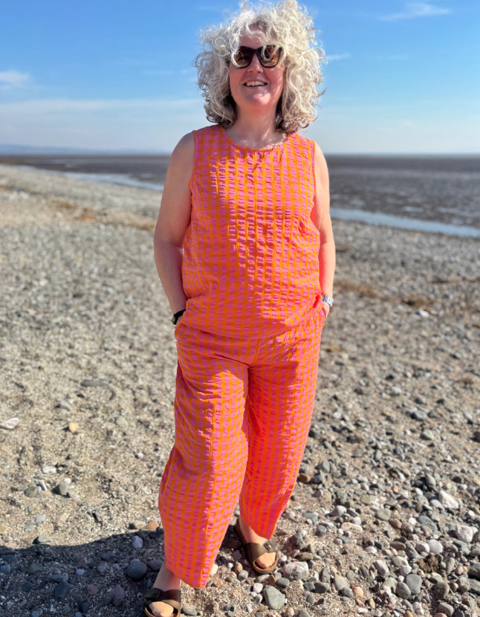 pink and orange cotton seersucker sleeveless sun top