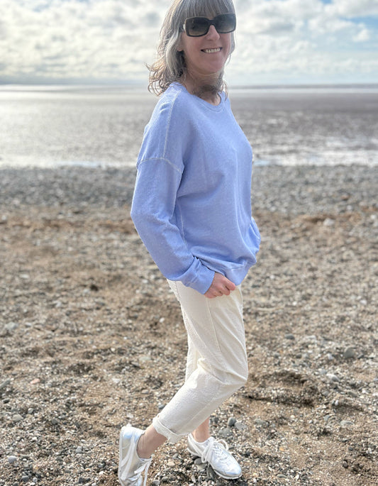 cream seersucker tapered leg trousers with elasticated waist