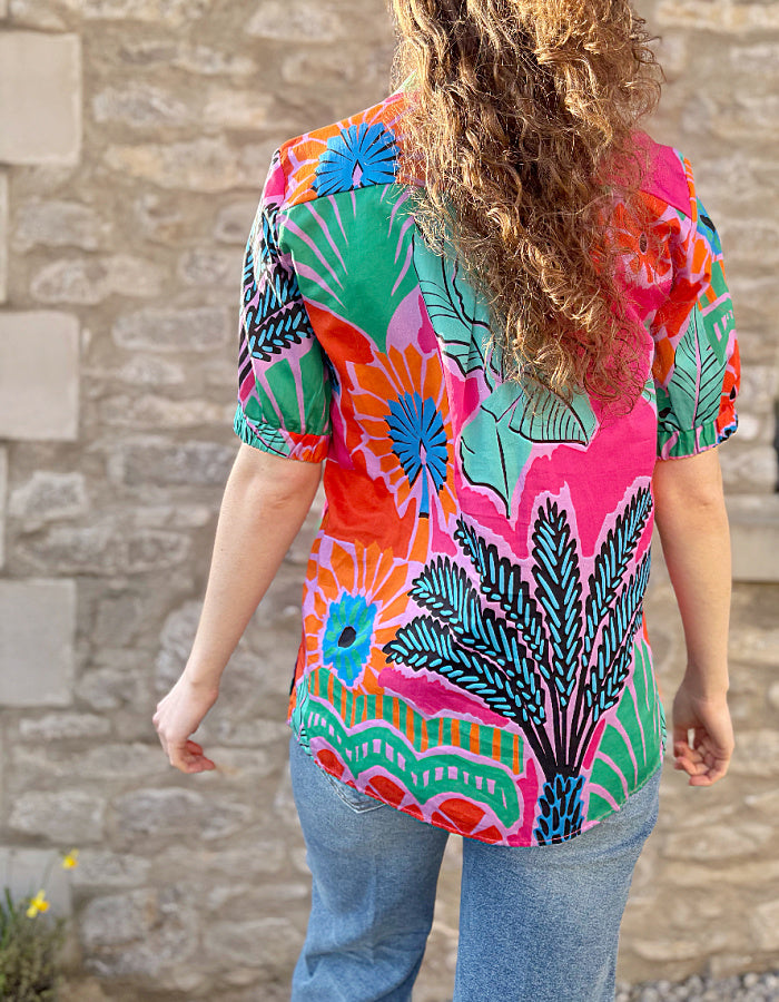 short sleeve tropical floral print shirt in pink orange green and turquoise