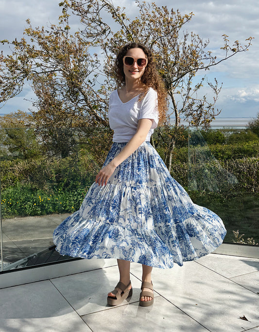 mid length full flare cotton skirt with fresh toile like blue sketch print