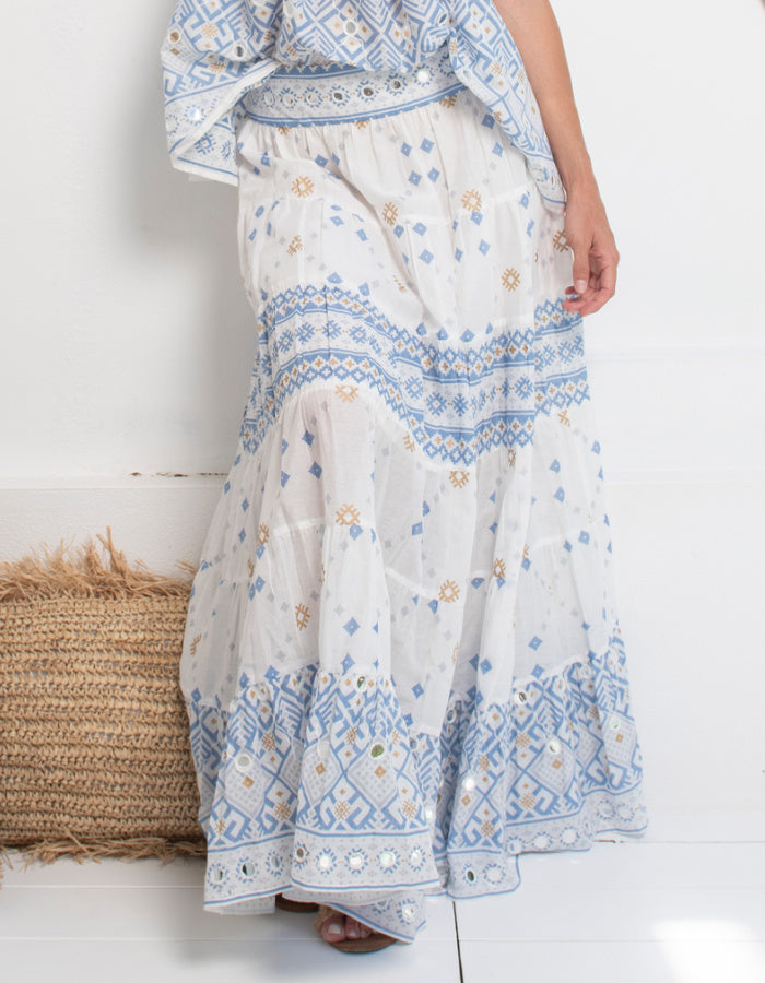 white cotton maxi skirt with blue and gold geo print with mirror details, elasticated waist