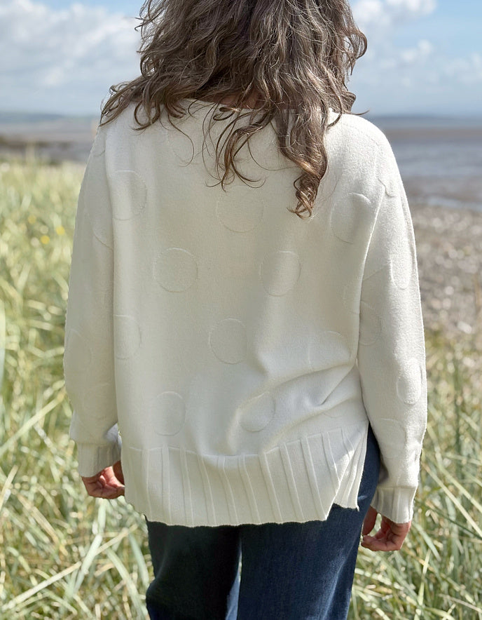 Person wearing a cream sweater standing in a grassy field with a beach in the background