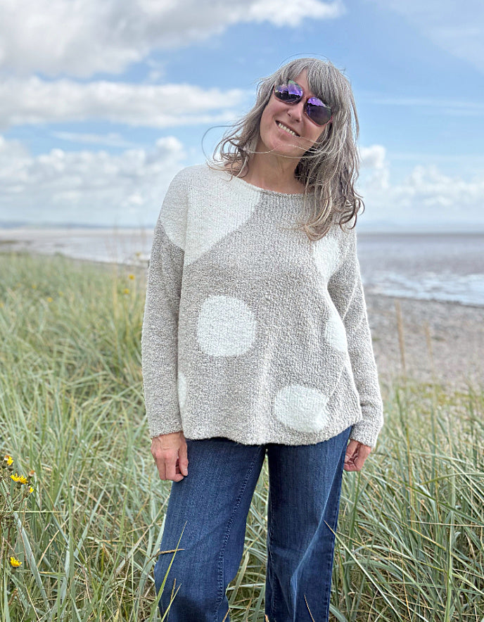 Person wearing a patterned boucle sweater standing in a grassy field with a blue sky and water in the background