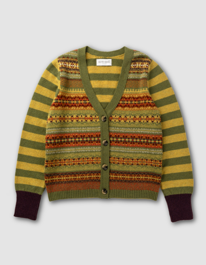 autumnal orange yellow and green stripes with fair isle design lambswool cardigan
