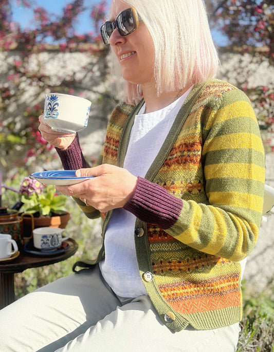 autumnal orange yellow and green stripes with fair isle design lambswool cardigan