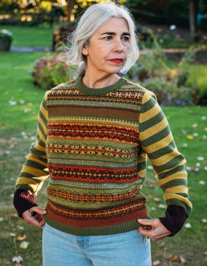 mustard orange autumnal shade fair isle reversible sweater with stripes on the other side
