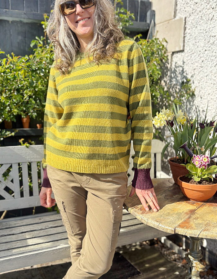 mustard orange autumnal shade fair isle reversible sweater with stripes on the other side