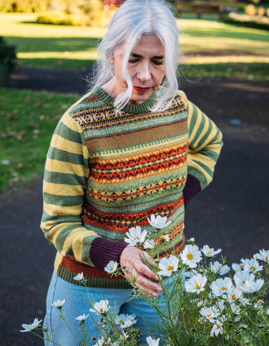 mustard orange autumnal shade fair isle reversible sweater with stripes on the other side