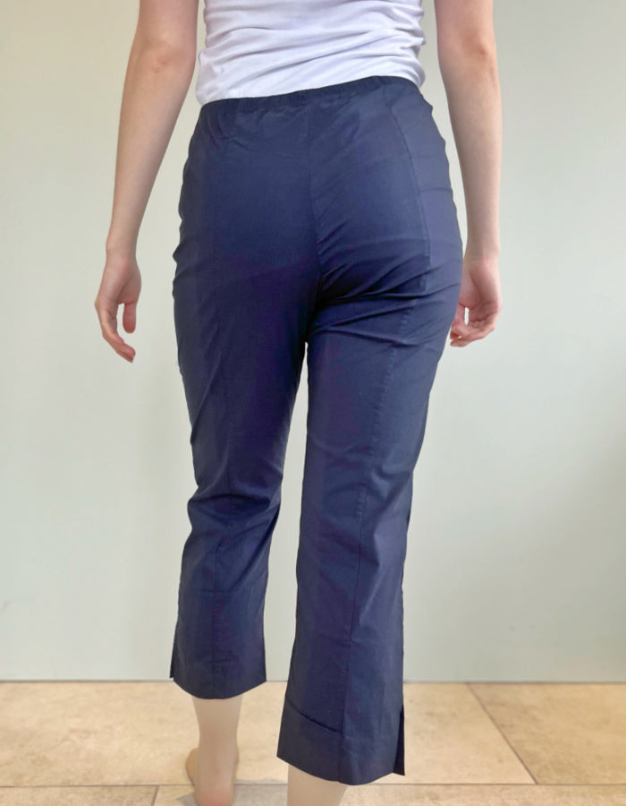 foil trapeze fabric pull on stretch trouser with elasticated waist and straight leg, 7/8ths length with side split hem