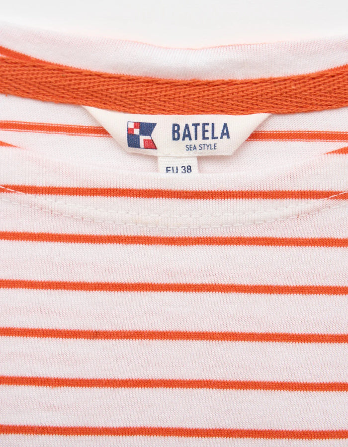 orange and white Breton striped T-shirt with short sleeves