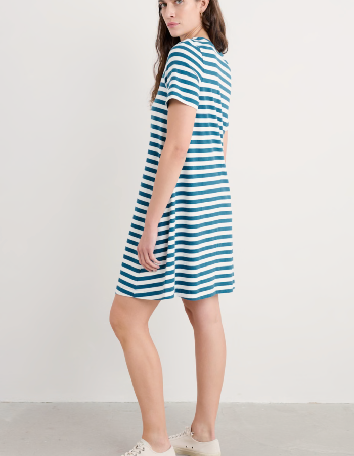 teal and white striped knee length T-shirt dress