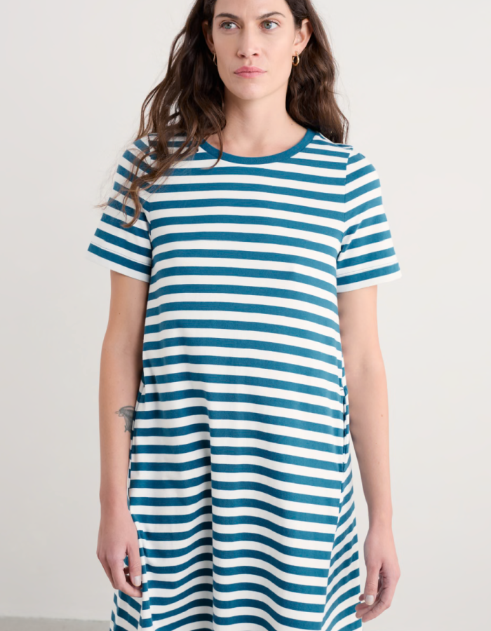 teal and white striped knee length T-shirt dress