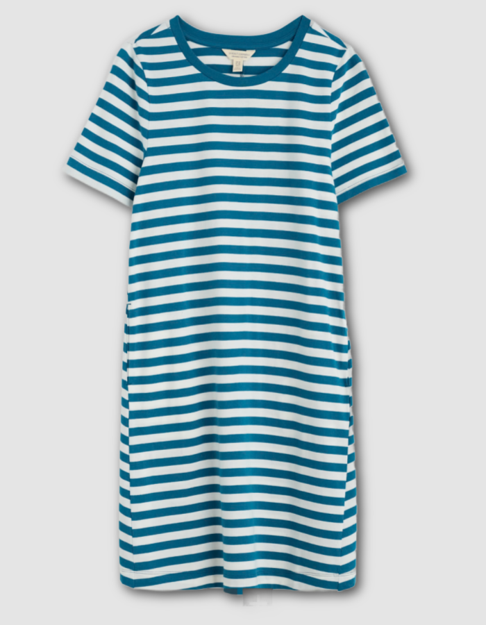 teal and white striped knee length T-shirt dress