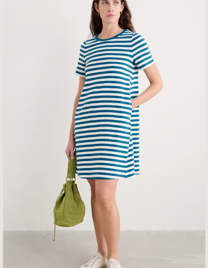 teal and white striped knee length T-shirt dress