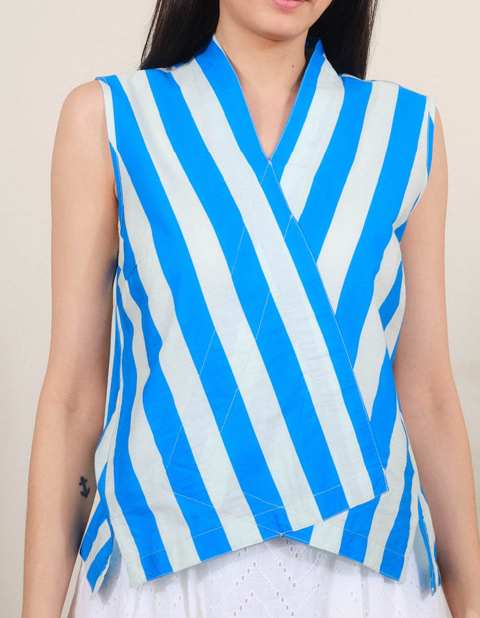 cotton sleeveless sun top with blue and white Cornish deckchair stripes