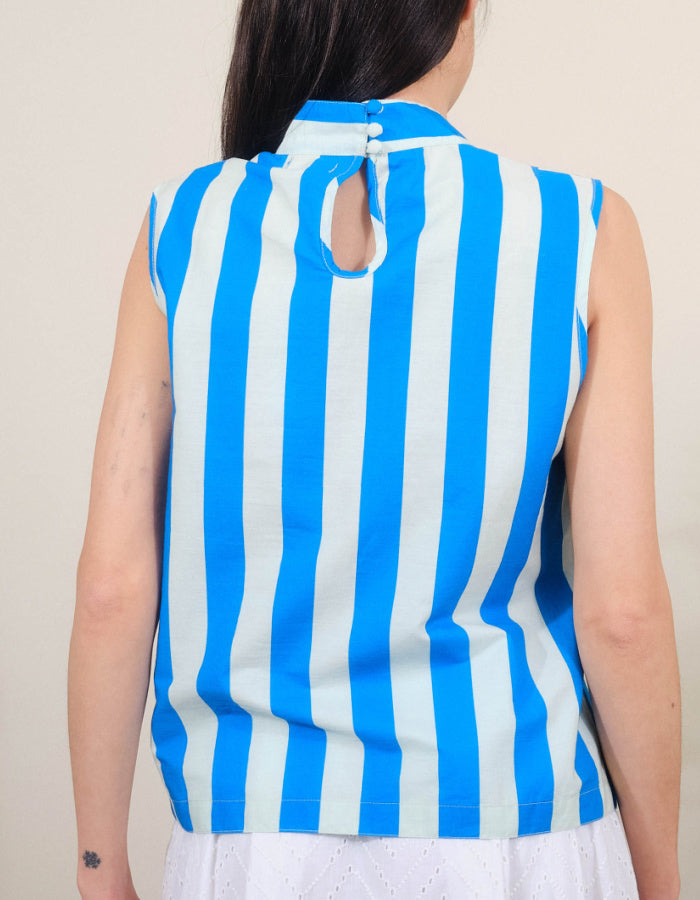 cotton sleeveless sun top with blue and white Cornish deckchair stripes
