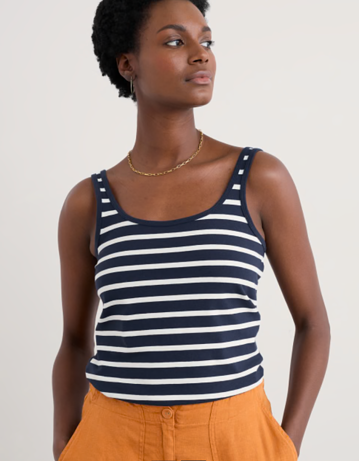navy and white striped cotton jersey vest top