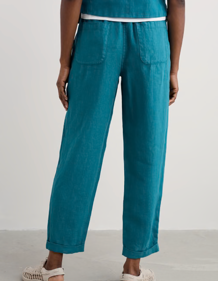 teal linen trouser with elasticated waist and tapered leg shape