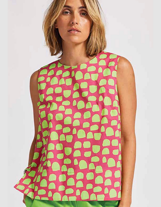 pink and lime polka dot cotton sleeveless sun top with buttons down the back