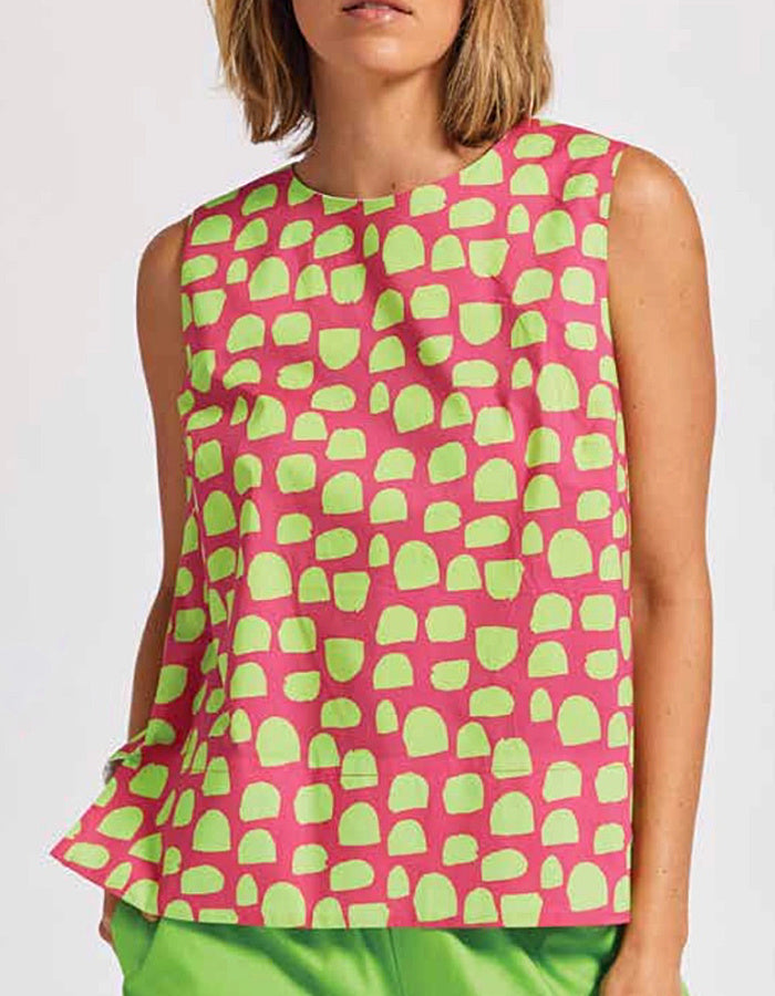 pink and lime polka dot cotton sleeveless sun top with buttons down the back