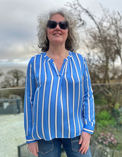 blue and white striped summer blouse made from silk feel viscose