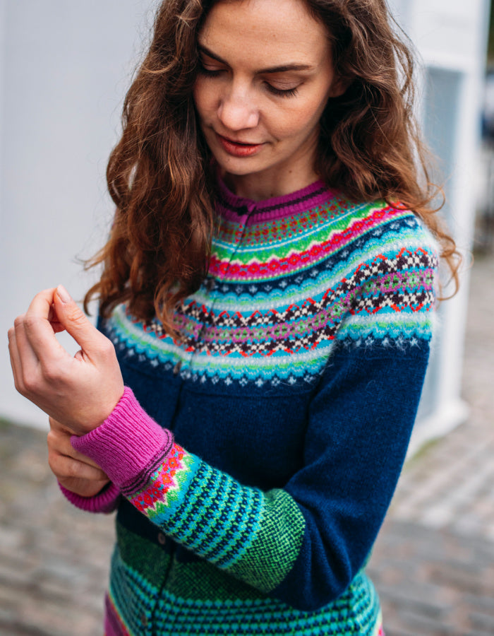 navy Fair Isle wool cardigan with pink green and turquoise details