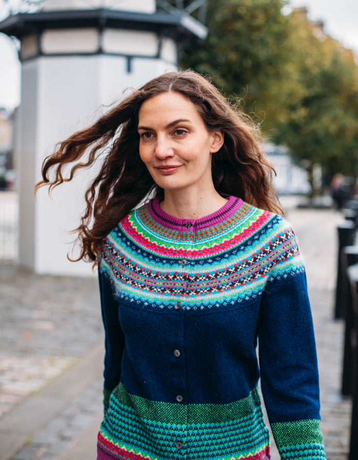 navy Fair Isle wool cardigan with pink green and turquoise details