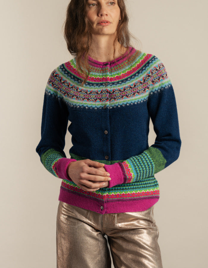 navy Fair Isle wool cardigan with pink green and turquoise details