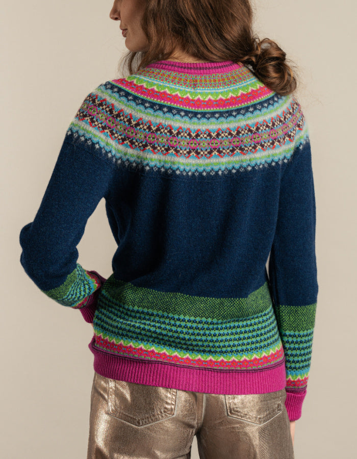 navy Fair Isle wool cardigan with pink green and turquoise details