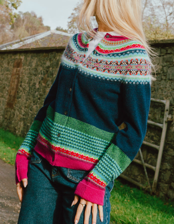 navy Fair Isle wool cardigan with pink green and turquoise details