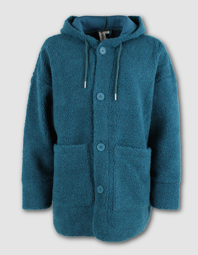 Blue fleece jacket with a hood on a light gray background