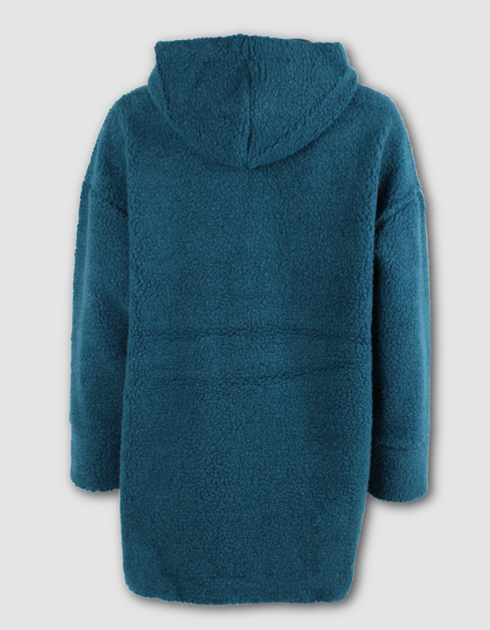 Teal hooded coat on a light gray background