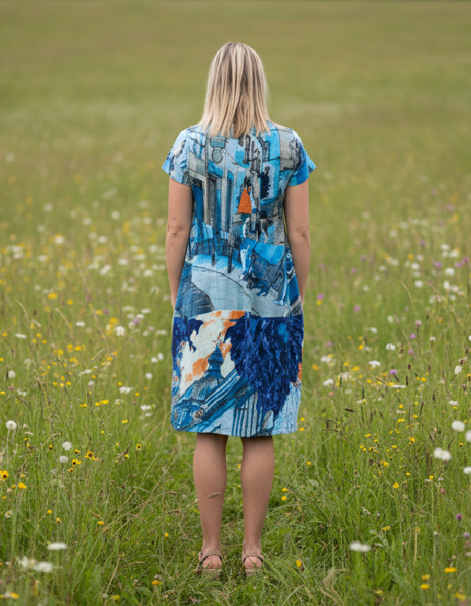 blue graphic cotton jersey dress