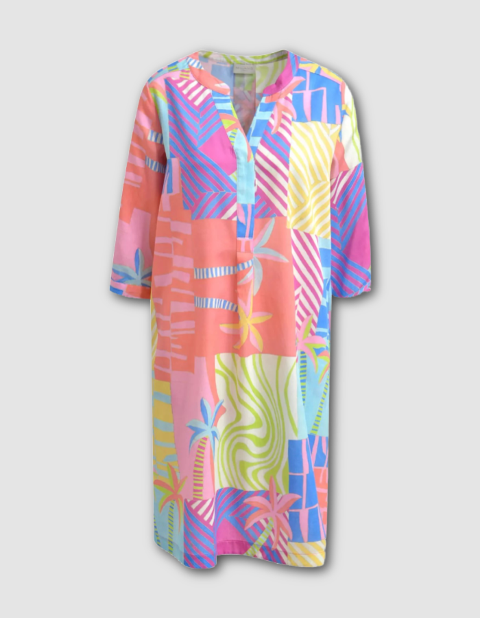 pastel bright tropical print loose fit cotton shirt dress