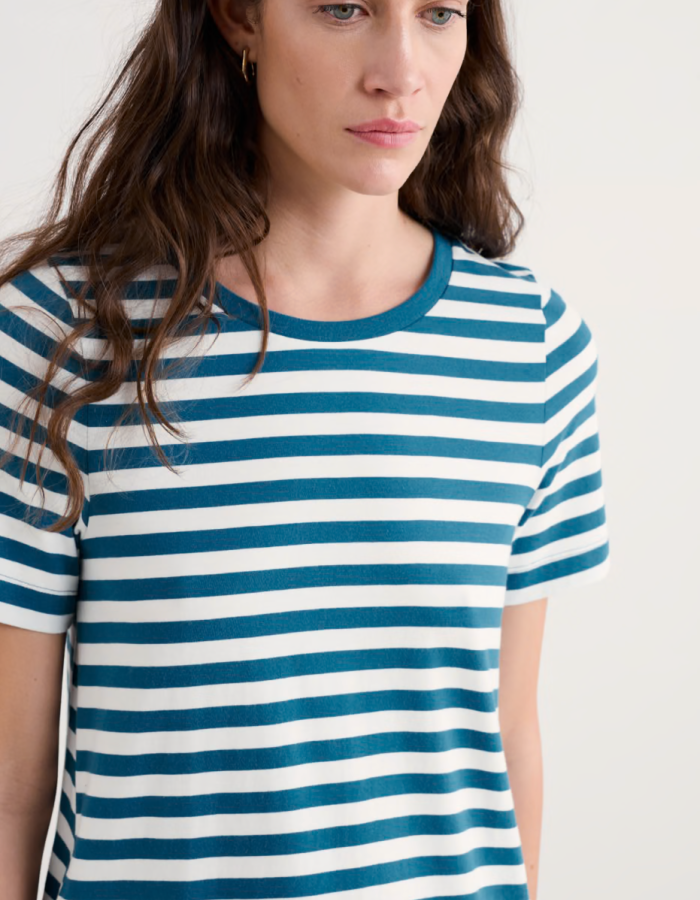teal and white striped knee length T-shirt dress